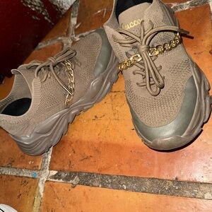 Not Gucci, Women's Brown Sneakers with Gold Chain